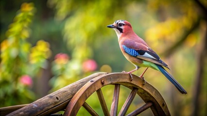 A Vibrant Eurasian Jay Perched on Rustic Wooden Wheel in Serene Garden Setting