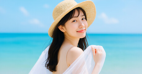 海辺にいる笑顔の女性