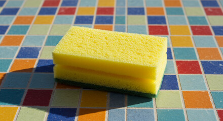 Brightly colored tile backdrop featuring a pristine yellow cleaning sponge under natural light for
