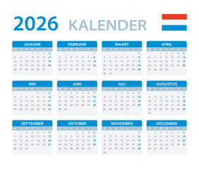 2026 Calendar - vector template graphic illustration - Netherlands version