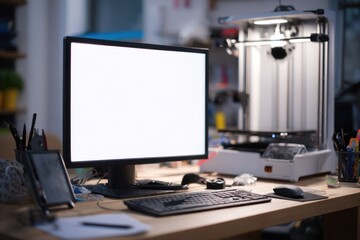 Desktop with blank monitor, 3D printer