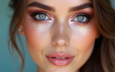 Close-up beauty portrait makeup. Young woman wears festival makeup with glitter eyeshadow. Bold colorful cosmetic look for spring holidays. Pro fashion make up. Beautiful face. High quality