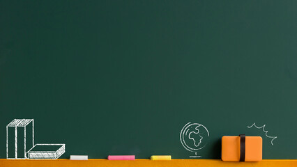 Chalk drawings of books globe and eraser on a green chalkboard with colorful chalk pieces