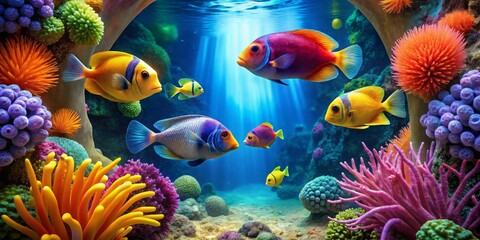 Vibrant underwater scene showcasing a diverse array of colorful fish swimming amidst a lush coral reef teeming with life