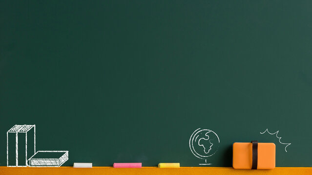 Chalk drawings of books globe and eraser on a green chalkboard with colorful chalk pieces