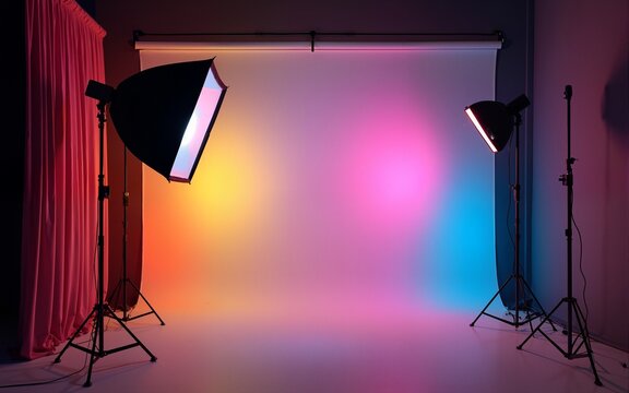 Professional photography studio with colorful lights for creative portrait session modern fashion commercial setup equipment. High quality