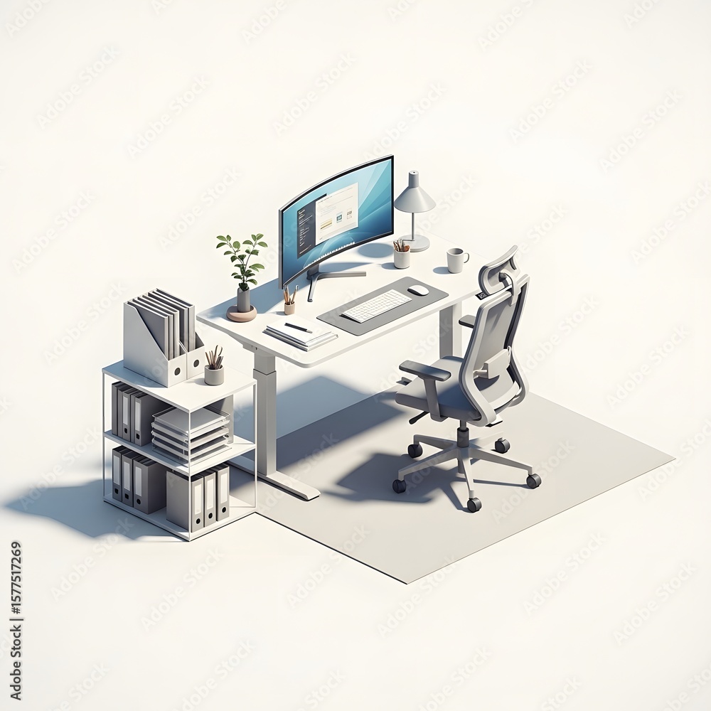 Poster isometric view of modern minimalist white office workspace with computer monitor desk chair shelving