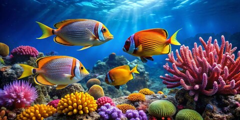 Vibrant Reef Scene Featuring Colorful Fish and Coral in a Sunlit Underwater Paradise