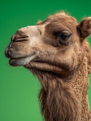 Fototapeta premium Close-up portrait of a dromedary camel against green background