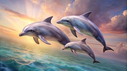 Fototapeta premium A Family of Dolphins Leaps Joyfully Through the Ocean Waves at Sunset, Displaying Grace and Freedom