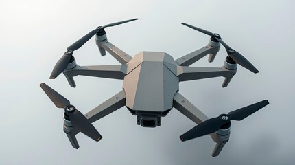 Drone action, thick fog, low visibility, geometric precision, muted colors, aerial perspective