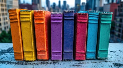 Colorful books in a row against a city backdrop
