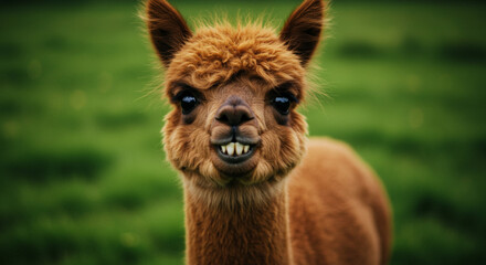 Obraz premium Funny alpaca portrait close up with goofy teeth in green field animal photo