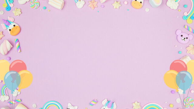 Whimsical pastel unicorn and rainbow border with balloons and sweets on purple background