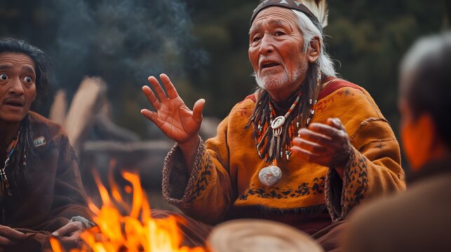 Old man sitting by a glowing campfire in the dark forest