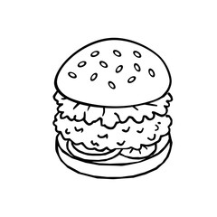 Chicken Burger Top View Outline Vector Illustration. Line Art Chicken Burger. Minimalist Chicken Burger Drawing. Hand Drawn Chicken Burger Outline. Monochrome Chicken Burger Top View. doodle burger. 