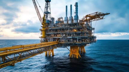 Offshore Oil Rig Platform at Sunset: Extraction, Energy, Industry, Maritime, Ocean, Petroleum, Production, Refinery, Sea, Sunset