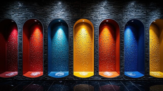 Colorful niches in dark wall, lit from within