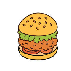 Chicken Burger Top View Vector Illustration, Full Color. Crispy Chicken Burger Vector. Colored Chicken Burger from Above. Chicken Sandwich Vector. Flat Lay Chicken Burger Vector.Chicken Burger Clipart