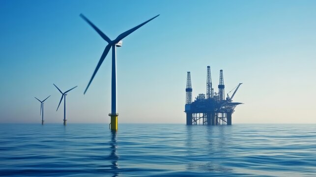 Offshore Wind Turbines and Oil Rig at Sea: Transition to Renewable Energy