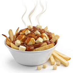Delicious hot poutine with gravy and cheese curds in a white bowl with steam