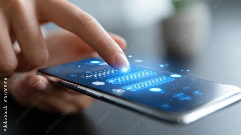 Poster user interacting with chatbot interface on mobile device in clean indoor environment