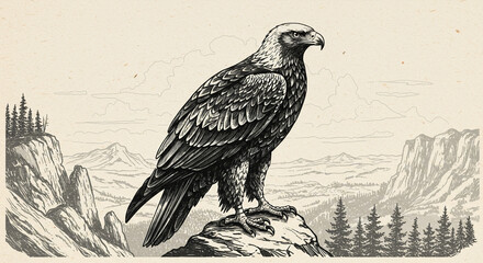 Fototapeta premium Eagle drawing illustration of bird of prey on mountain peak wildlife art