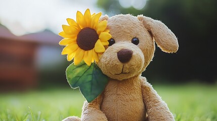 Stuffed dog with a sunflower behind its ear