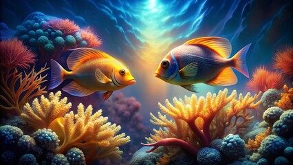 Obraz premium Serene Underwater Scene Featuring Two Vividly Colored Fish Gracefully Swimming Amongst Vibrant Coral Reef