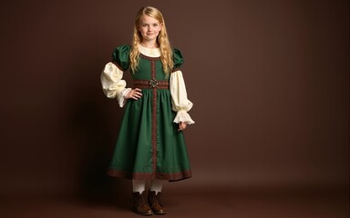 Fototapeta premium Full length portrait of a blonde girl in a green and brown medieval costume against a dark brown background with ample empty copy space for text. High quality