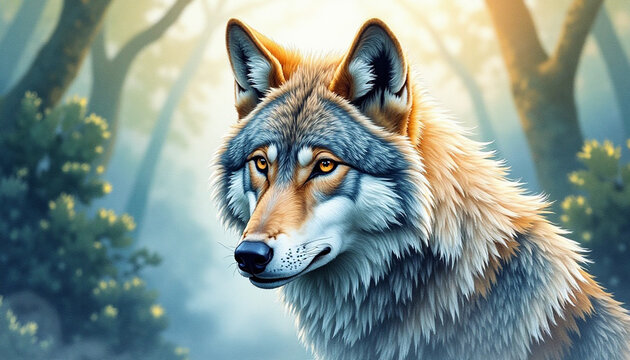 A majestic wolf portrait graces a soft forest backdrop, showcasing its beauty and power in the wilderness.