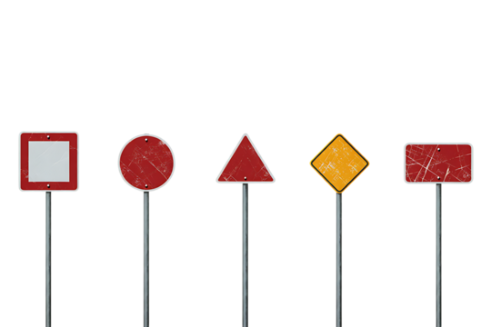Various weathered road signs stand isolated against a transparent background