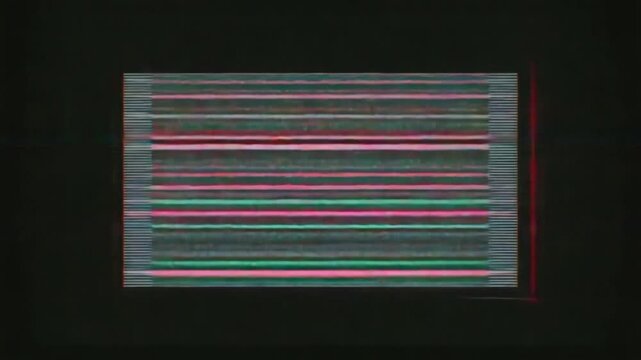 Television Glitch: A captivating close-up view of a television screen afflicted with a glitch, presenting an intricate display of colorful horizontal lines and static.