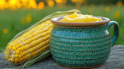 Ear of corn beside a bowl of creamy yellow food