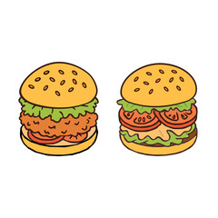 Chicken Burger and Beef Burger Top View Vector. Flat Lay Burger Vector. Top View Fast Food Vector, Burger Collection. Crispy Chicken Burger and Juicy Beef Burger Illustration. Vector of Two Burgers.