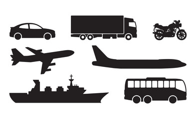 Collection of black silhouettes of various modes of transportation