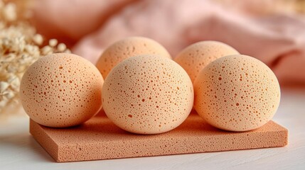 Four peach-colored, textured spheres on a peach-colored platform