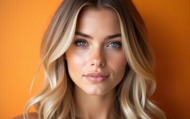 Close-up portrait of a stunning woman, featuring wavy blonde hair, blue eyes, and an orange background, highlighting beauty and simplicity. High quality