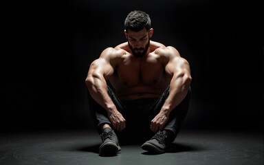 A dramatic photograph of a man sitting on the floor, emphasizing his muscular form under moody lighting with dark boots in the foreground. High quality