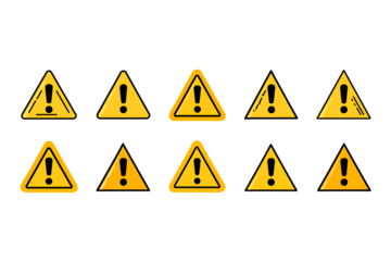 Many yellow warning signs isolated on transparent background