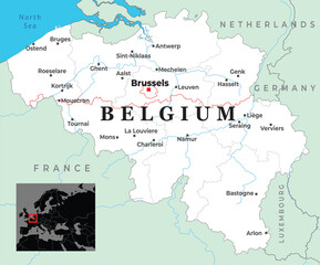Fototapeta premium Map of Belgium showing major cities, borders with neighboring countries, and its placement in Western Europe