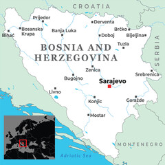 Map of Bosnia and Herzegovina showing major cities, nearby borders, and Adriatic coastal access within Southern Europe.