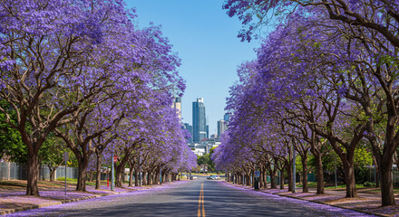 Beautiful jacaranda trees in bloom on a city street in spring landscape view