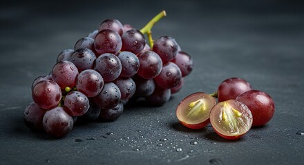 A fresh bunch of crimson grapes with water droplets and sliced fruit on a dark background.