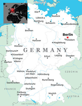 Political map of Germany featuring major cities, borders with neighboring countries