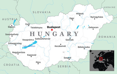 Political map of Hungary showing major cities, national borders, and its Central European location