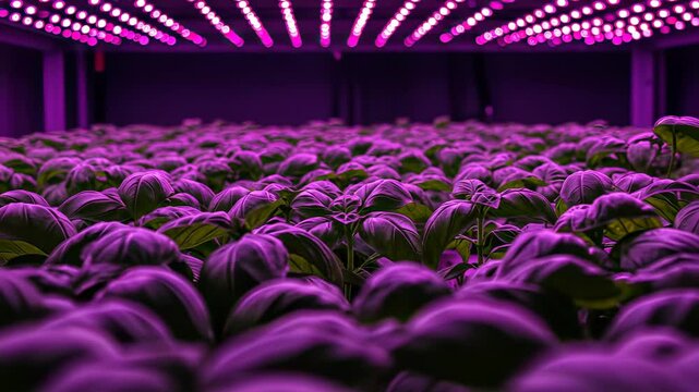 Vibrant indoor hydroponic garden with purple led lighting showcases lush plant growth in hitech farming