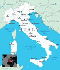 Political map of Italy showing major cities, national borders, surrounding seas, and its position in Europe