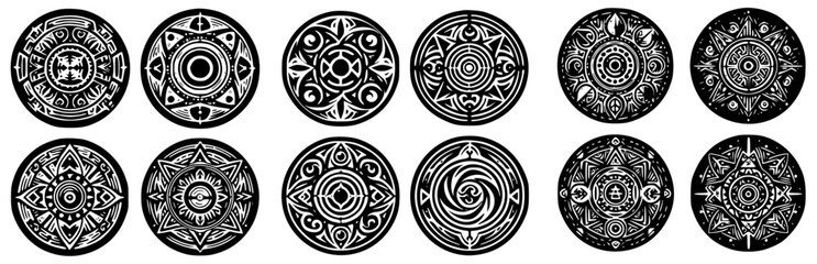 12 round images of tribal talisman, black and white