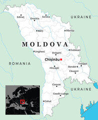 Obraz premium Political map of Moldova highlighting major cities with an inset showing its location in Eastern Europe bordered by Romania and Ukraine